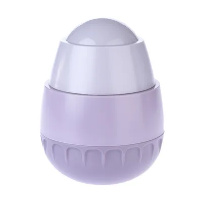 Lila-vit, äggformad behållare med rundad ovansida, eventuellt en leksak eller tillbehör.