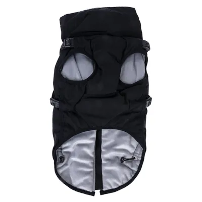 Manteau pour chien noir avec doublure grise, deux ouvertures pour les pattes avant, fermetures à clip sur les côtés et cordon de serrage visible en bas.