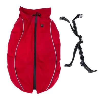 Cappotto rosso per cani con strisce rifrangenti e cerniera nera, include cinture rimovibili con chiusure a scatto.