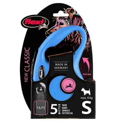 Flexi New Classic vodítko pro psy, modré, 5 metrů páska, velikost S, max. 15 kg, vyrobeno v Německu, kompatibilní s Multi Box.