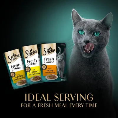 Sheba Fresh Cuisine pouches with poultry alla Puttanesca, chicken alla Carbonara, and turkey al Pomodoro. Text: Ideal serving for a fresh meal every time.