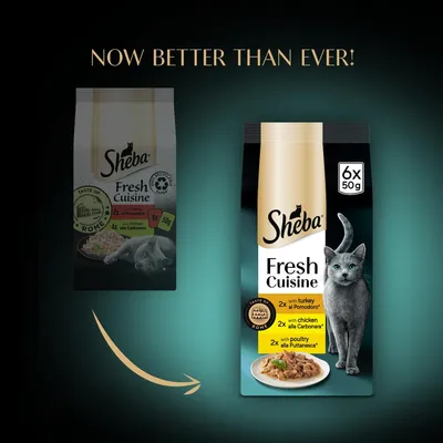 Comparison of old and new Sheba Fresh Cuisine packaging, highlighting improved formula with 6 x 50g portions: 2 turkey al Pomodoro, 2 chicken alla Carbonara, 2 poultry alla Puttanesca.