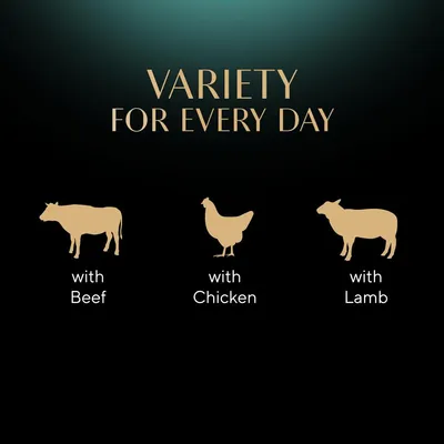 Variety for every day with beef, chicken and lamb options shown by animal icons.
