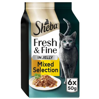 Sheba Fresh & Fine in Jelly Mixed Selection, 6 x 50g packs shown on packaging with image of food in jelly on a plate.