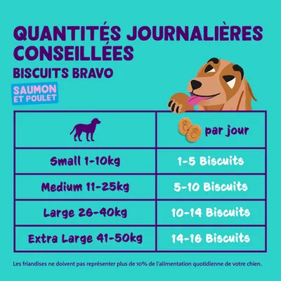 Recommandation d’alimentation pour Bravo Biscuits au saumon et poulet : Small 1-10kg, 1-5 biscuits ; Medium 11-25kg, 5-10 biscuits ; Large 26-40kg, 10-14 biscuits ; Extra Large 41-50kg, 14-16 biscuits.