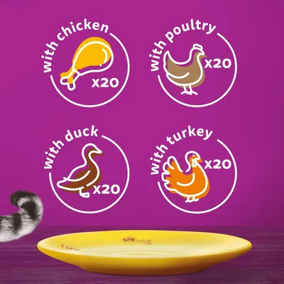 Product contains 20 portions each with chicken, poultry, duck and turkey, shown by icons and text on a purple background.