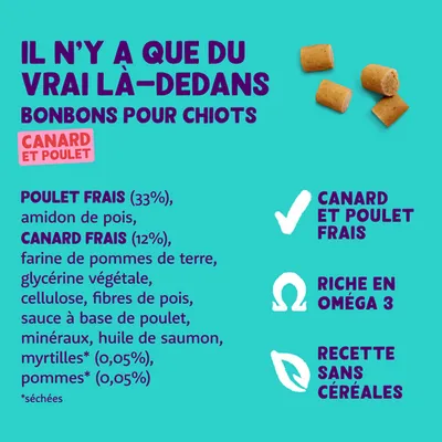 Bonbons pour chiots avec poulet frais (33 %) et canard (12 %), sans céréales, riches en oméga-3. Ingrédients : amidon de pois, farine de pomme de terre, cellulose, huile de saumon, myrtilles et pommes séchées.
