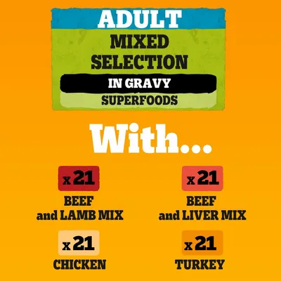 Adult mixed selection in gravy with superfoods. Includes 21 beef and lamb mix, 21 beef and liver mix, 21 chicken, and 21 turkey portions.