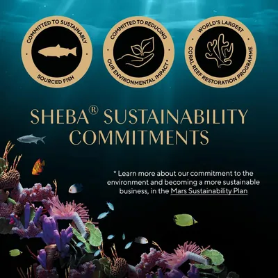 Sheba sustainability commitments: committed to sustainably sourced fish, reducing environmental impact, and the world’s largest coral reef restoration programme.