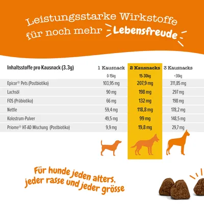 Inhaltsstoffe pro Kausnack (3.3g) für Hunde: Epicor Pets, Lachsöl, FOS, Nettle, Kolostrum-Pulver, Priome HT-AD Mischung. Dosierung nach Gewicht: 1, 2 oder 3 Snacks. Für alle Altersgruppen und Grössen.