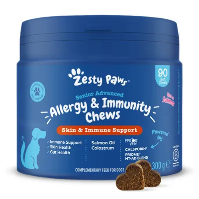Zesty Paws Senior Advanced Allergy & Immunity Chews, Skin & Immune Support, 90 soft chews, rijk aan zalm, 300 g. Voor honden. Bevat: salmon oil, colostrum, Epicor, Calsporin, Priome HT-AD blend.