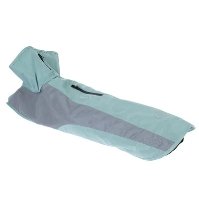 Manteau pour chien vert clair et gris avec capuche, fermeture éclair visible sur le dessus, tissu synthétique. Aucun texte ou marque visible.