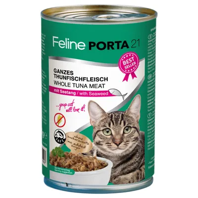 Feline Porta 21, filetti interi di tonno con alghe marine. Senza zuccheri aggiunti. Ciotola con tonno. Gatto raffigurato.
