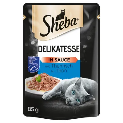 Sheba Delikatesse in Sauce mit Thunfisch au Thon, sachet de 85 g, plat de morceaux en sauce, logo MSC Certified Sustainable Seafood visible, image d’un chat gris allongé.