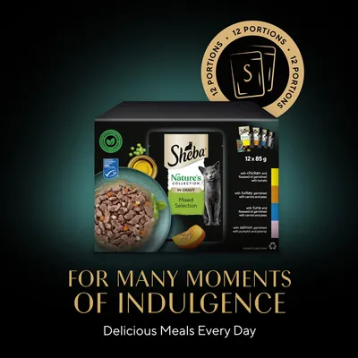 Sheba Nature's Collection in Gravy Mixed Selection kissan märkäruoka, 12 x 85 g annospakkaus. Pakkauksessa näkyy eri makuja ja annoskuva. Teksti: For many moments of indulgence.