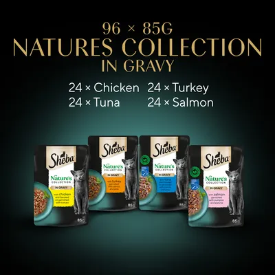 Sheba Nature's Collection in Gravy, 96 x 85 g: 24 Chicken, 24 Tuna, 24 Turkey, 24 Salmon. Quattro buste visibili con immagini di gatto e ciotola. Testo in inglese sulle confezioni.