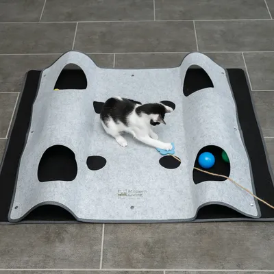 Tapis de jeu gris Modern Living avec plusieurs ouvertures, balle bleue et verte visibles, chat noir et blanc jouant avec un jouet bleu attaché à une ficelle.