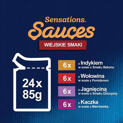 Sensations Sauces Wiejskie Smaki: 24 x 85 g. 6 x indyk w sosie o smaku bekonu, 6 x wołowina w sosie z pomidorem, 6 x jagnięcina w sosie o smaku dziczyzny, 6 x kaczka w sosie z marchewką.