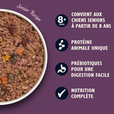 Convient aux chiens seniors à partir de 8 ans, protéine animale unique, prébiotiques pour une digestion facile, nutrition complète. Texte en anglais : Senior Recipe.