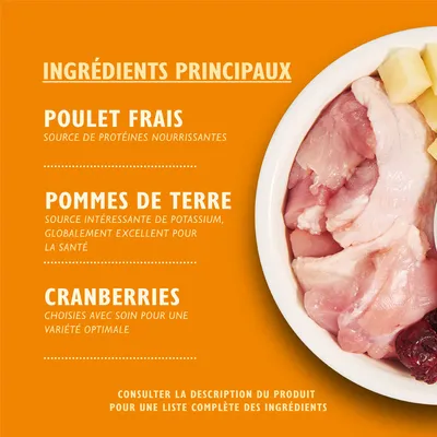 Texte en fr_BE : INGRÉDIENTS PRINCIPAUX Poulet frais, Pommes de terre, Cranberries. Consulter la description du produit pour une liste complète des ingrédients.