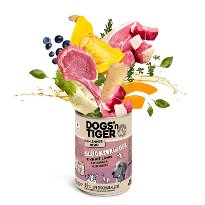 DOGS'n TIGER Schlemmer-Menü Glücksbringer: Rind mit Lamm, Pastinake & Heidelbeere. 60% Fleischmahlzeit für ausgewachsene Hunde.