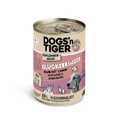 DOGS'n TIGER Schlemmer-Menü Glücksbringer, Rind mit Lamm, Pastinake & Heidelbeere, 60% Rind & Lamm, Fleischmahlzeit für ausgewachsene Hunde.