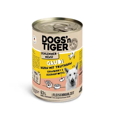DOGS'n TIGER Schlemmer-Menü Gaudi, Huhn mit Truthahn, Cranberry & Süsskartoffel. 63% Huhn & Truthahn. Fleischmahlzeit für ausgewachsene Hunde.