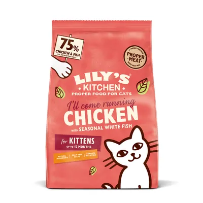 Lily's Kitchen nourriture pour chatons jusqu'à 12 mois. Saveur : poulet avec poisson blanc de saison, 75 % poulet et poisson, ingrédients naturels, sans céréales, alimentation complète.