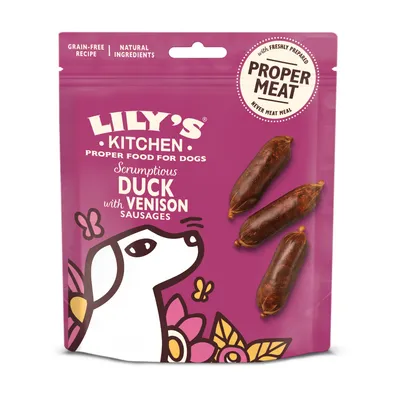 Lily's Kitchen Proper Food for Dogs, smakelijke eend met hertworstjes, graanvrij recept, natuurlijke ingrediënten, met vers bereid vlees.