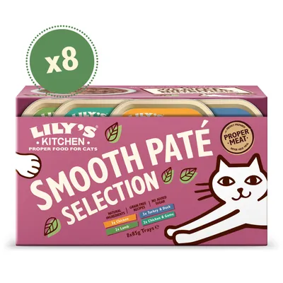 Lily's Kitchen Smooth Paté Selection, 8x85g. Natural ingredients, grain-free, no added sugar. Varieties: chicken, lamb, turkey & duck, chicken & game.
