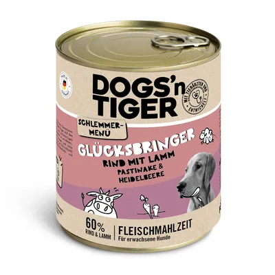 Dogs'n Tiger Schlemmer-Menü Glücksbringer: Rind mit Lamm, Pastinake & Heidelbeere. 60% Rind & Lamm. Fleischmahlzeit für erwachsene Hunde. Mit Tierärzten entwickelt. Made in Germany.
