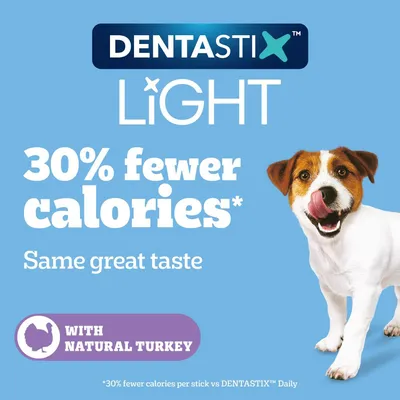 Dentastix Light, 30% fewer calories, same great taste, with natural turkey. 30% fewer calories per stick versus Dentastix Daily.