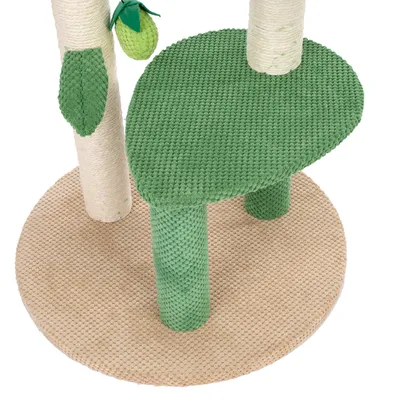 Krabpaal met groene stoffen bekleding, sisalpalen en ronde beige basis. Bevat groen blad- en vruchtenspeeltje.