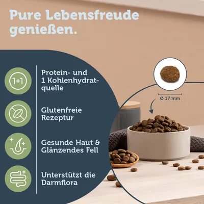 Pure Lebensfreude geniessen. Protein- und 1 Kohlenhydratquelle, glutenfreie Rezeptur, gesunde Haut & glänzendes Fell, unterstützt die Darmflora. Kroketten Ø 17 mm.