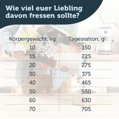 Fütterungstabelle: Körpergewicht in kg und empfohlene Tagesration in g. Beispiel: 10kg - 150g, 20kg - 275g, 40kg - 465g, 70kg - 705g.