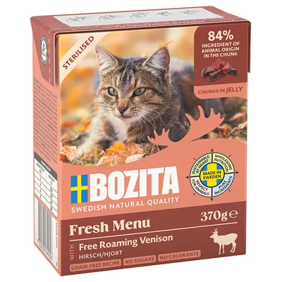 BOZITA Fresh Menu para gatos esterilizados, 370 g. 84 % ingrediente de origen animal, trozos en gelatina, receta sin cereales, sin azúcares ni colorantes. Made in Sweden.