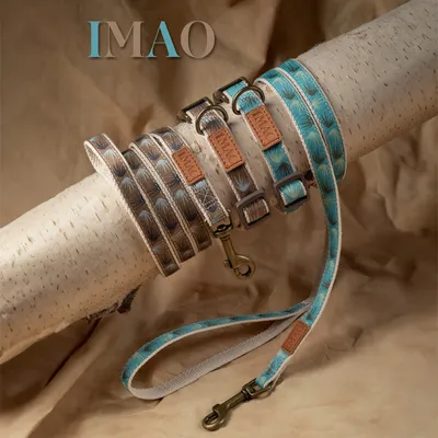 Colliers et laisses pour chien IMAO, motifs bleu et beige, attaches métalliques visibles, étiquette en cuir avec texte IMAO sur chaque accessoire.