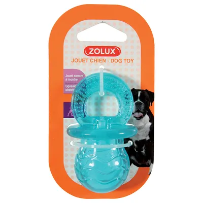Zolux zabawka dla psa, niebieska zabawka do gryzienia z piszczałką. Opakowanie pokazuje produkt i zdjęcie psa.