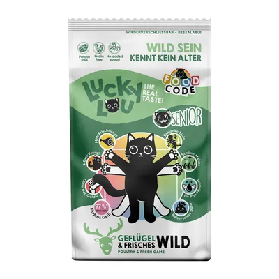 Lucky Lou The Real Taste! Senior, Geflügel & Frisches Wild. Sans pomme de terre, sans céréales, sans sucre ajouté. Texte en allemand et anglais sur l’emballage.