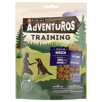 Purina Adventuros Training, rich in venison, low fat, bite-sized pieces. Up to 37 pieces per day for a dog up to 14kg. Recyclable packaging.