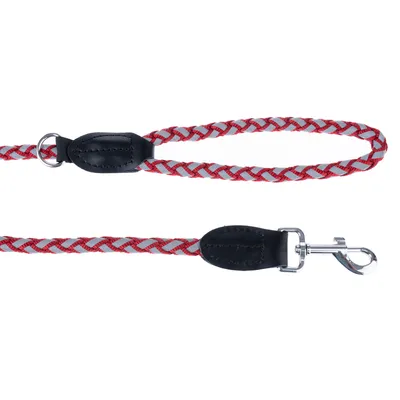 Guinzaglio intrecciato per cani rosso e grigio con manico in pelle nera e moschettone in metallo.