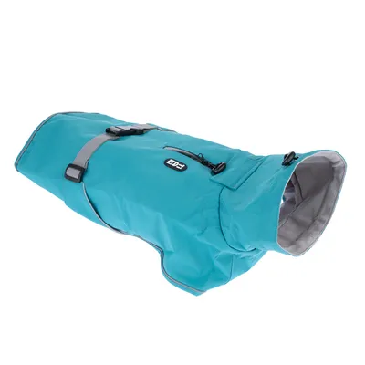 Manteau pour chien bleu turquoise avec doublure grise, fermeture à boucle et sangle réglable, poche zippée sur le dos, logo 'EZY' visible.