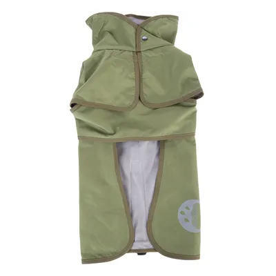 Manteau pour chien vert avec capuche, fermeture à bouton-pression et doublure grise visible. Motif rond avec gouttes d’eau imprimé sur le bas du manteau.