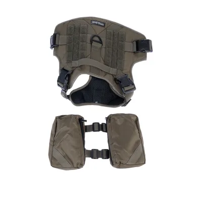 Nomad Tales Hundegeschirr in Olivgrün mit robusten Schnallen und zwei abnehmbaren Taschen. Gepolsterte Innenseite für Komfort.