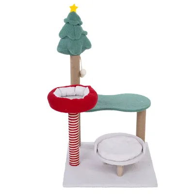 Kratzbaum mit Weihnachtsdesign: grüner Baum mit gelbem Stern, rote und weisse Streifen am Stamm, zwei Liegeflächen und ein rotes Bett.