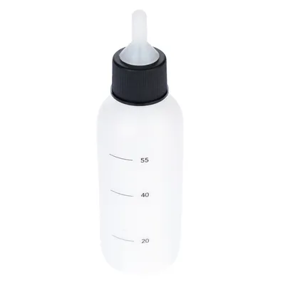Weisse Flasche mit schwarzem Deckel und Skala in Millilitern: 20, 40, 55 ml. Geeignet für präzise Dosierung von Flüssigkeiten.