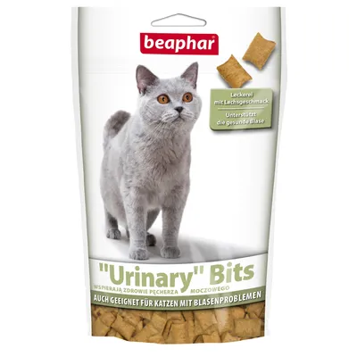 beaphar "Urinary" Bits macskaeledel csomagolás, szürke macskával. Német felirat: Leckerei mit Lachsgeschmack, Unterstützt die gesunde Blase, Auch geeignet für Katzen mit Blasenproblemen.