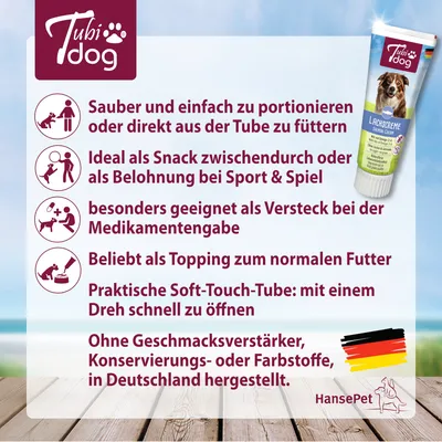 TubiDog Lachscreme: direkt aus der Tube füttern, Snack bei Sport & Spiel, Versteck für Medikamente, Topping für Futter. Ohne Geschmacksverstärker, in Deutschland hergestellt.
