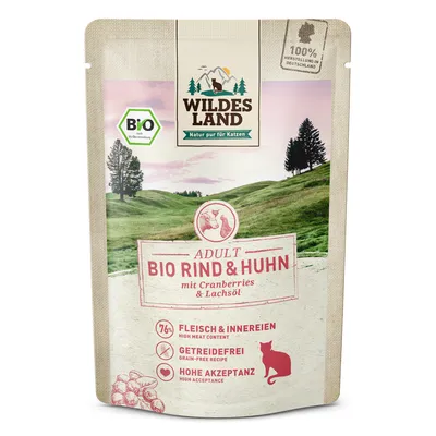 Wildes Land Adult Bio Rind & Huhn mit Cranberries und Lachsöl. 76% Fleisch & Innereien, getreidefrei, hohe Akzeptanz. Bio-Zertifikat, 100% Herstellung in Deutschland.