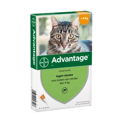 Advantage Bayer, traitement anti-puces pour chats de moins de 4 kg, 4 pipettes de 0,4 ml, texte en néerlandais : tegen vlooien voor katten van minder dan 4 kg, 40 mg imidacloprid.